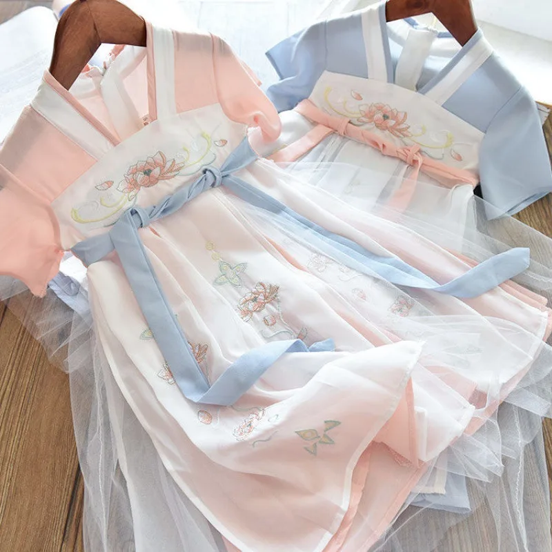 

Детская одежда, летнее шифоновое платье Hanfu для девочек, новое сказочное детское платье с вышивкой в старинном стиле