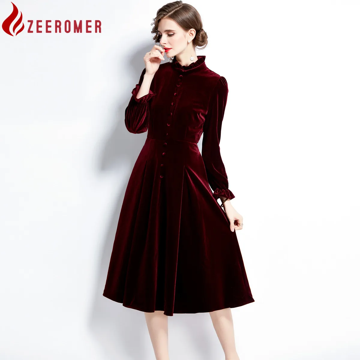2022 Autumn Winter Elegant Velvet Dress Women Stand Collar Long Sleeve A Line Party Robe Lady Vintage Office Midi Dress Vestidos