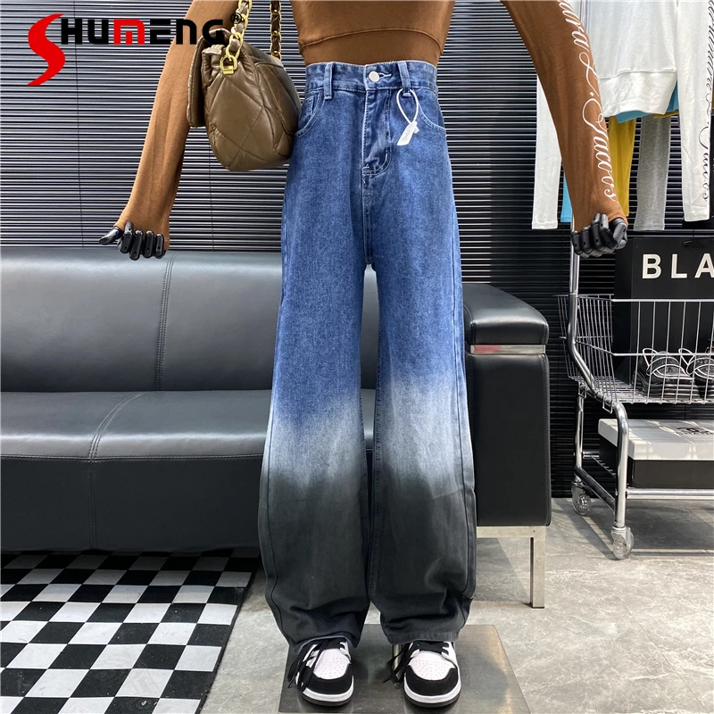 

Women Trendy Fashion Gradient Wide-Leg Jeans Ladies 2022 Spring New Simple High Waist Slimming Loose Drooping Daddy Denim Pants