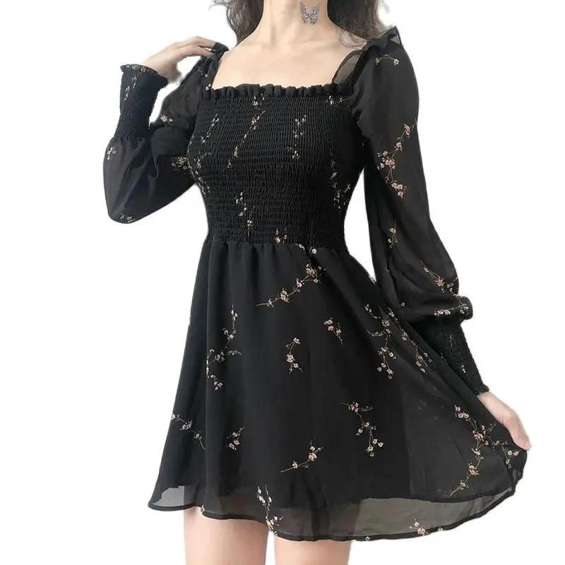 

Niggeey Summer Women Sexy Black Dress Vintage Long Sleeve Floral Chiffon Dress Korean Dresses 2022 Year Fashion