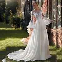 princess flare sleeve chiffon wedding dress lace applique backless bridal gown country style court train civil vestidos de novia