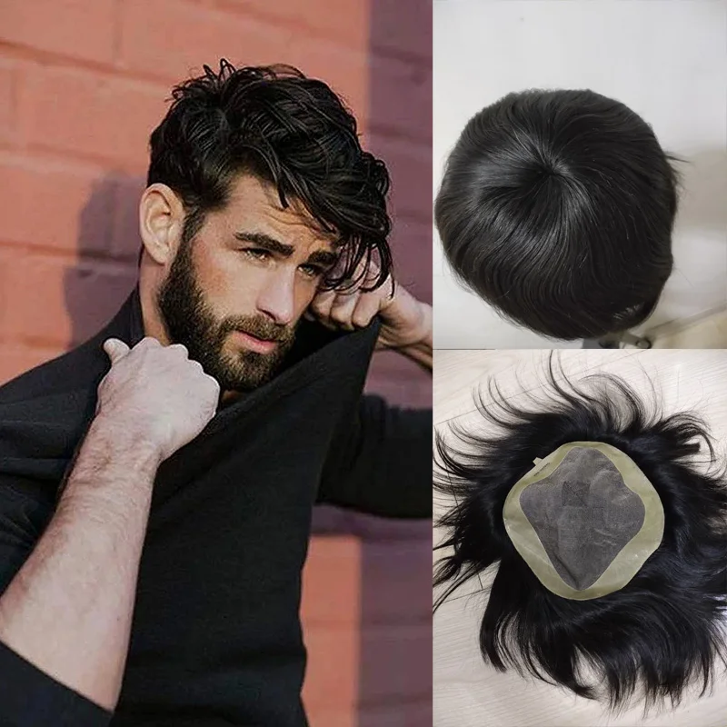Mono+PU Base Toupee Natural Cutestyle Hair Piece Men for Men Men's Hair Pieces Replacement System 1B Color Human Hair Mens Wig