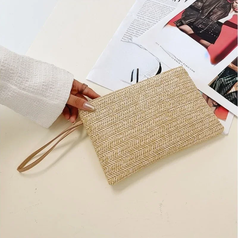 

Weaving Bag Fashion Ladies Wristlet Clutch Women Daily Money Phone Clutch Solid Straw Woven Coin Purse Beach Wallet Card Bag