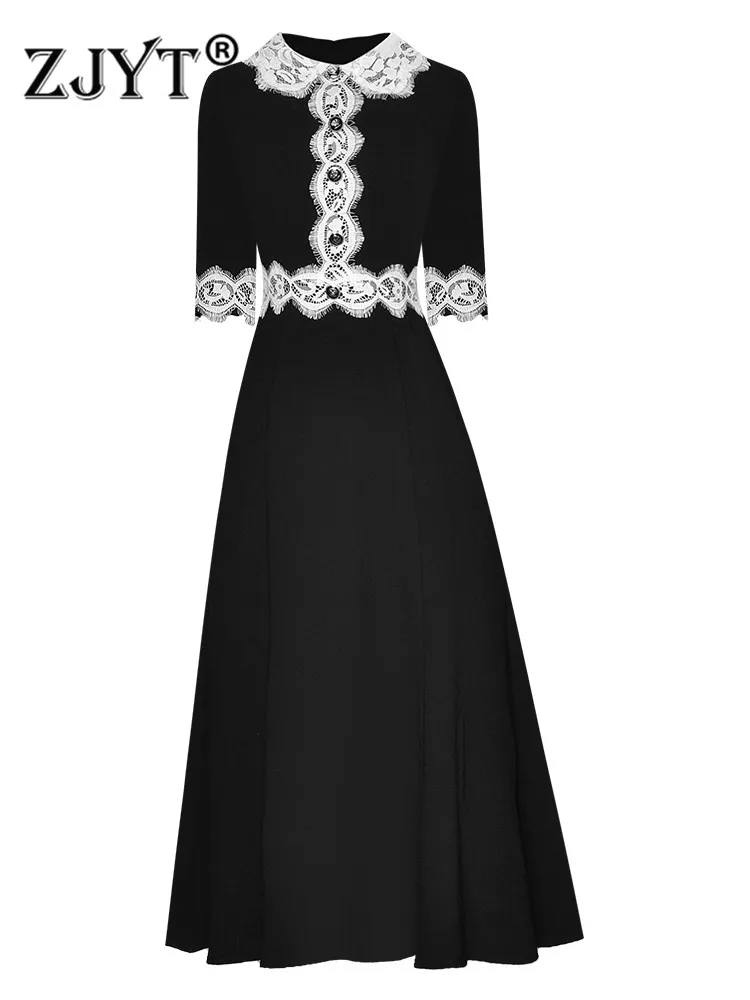 

ZJYT Runway Designer Peter Pan Collar Lace Patchwork Midi Black Dress Women Party Spring Summer Half Sleeve Elegant Vestidos