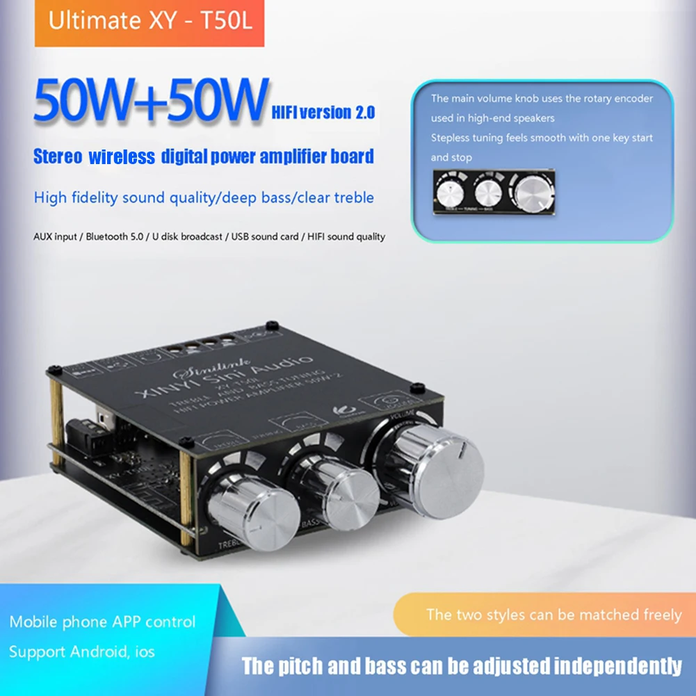 

XY-T50L 2x50W HIFI 2.0 плата цифрового усилителя мощности для динамика 3,5 мм AUX Audio Stereo Bluetooth-Совместимость 5,0 Amp