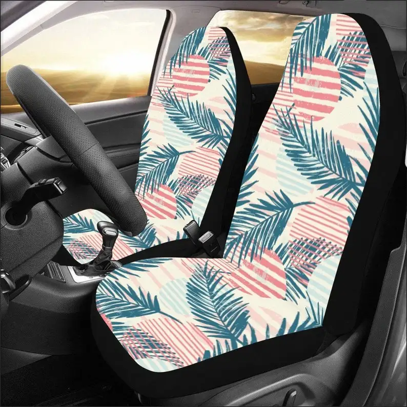 

Tropical Car Seat Covers 2 pc, Vintage Palm Tree Beach Leaves Green Front Seat Covers Car SUV Vans Truck Seat Protector