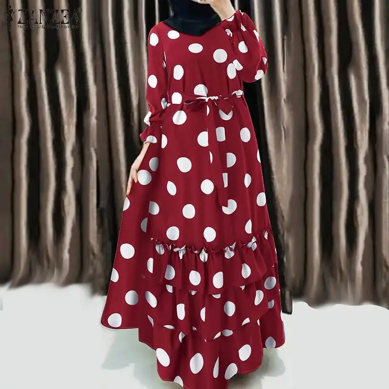 Платье ZANZEA женское в горошек, элегантный повседневный длинный сарафан в мусульманском стиле, с длинным рукавом, с поясом, для вечеринки, клу...