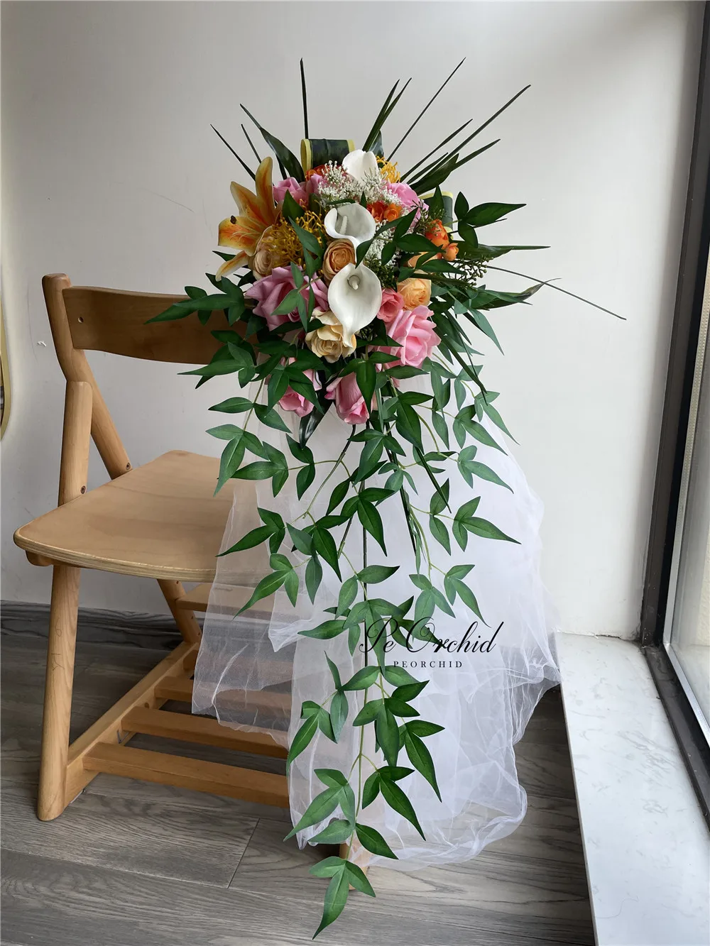 Фото PEORCHID Розовый Оранжевый Real Touch Свадебные цветы Cascada Букет De Mariee Roses Lily Ramls De Flores Novia Большой букет невесты №3