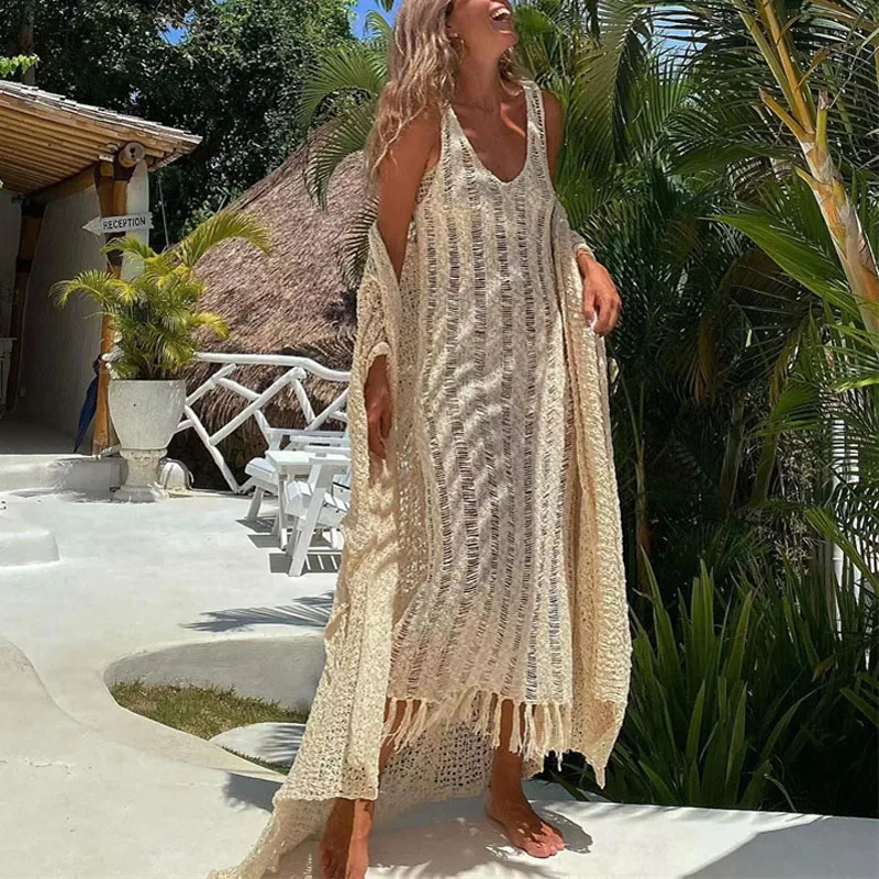 

Женское длинное пляжное платье, однотонное ажурное трикотажное платье без рукавов с глубоким V-образным вырезом и бахромой на лето