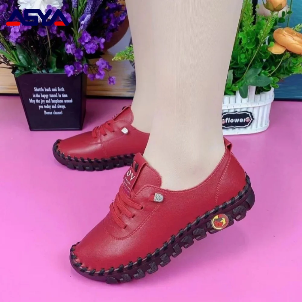 ASYAPOY Women Sneakers Breathable Flat Shoes Platform Loafers Lace Up Leather Slip-On New Fashion Casual Mom Shoe Zapatos Mujer