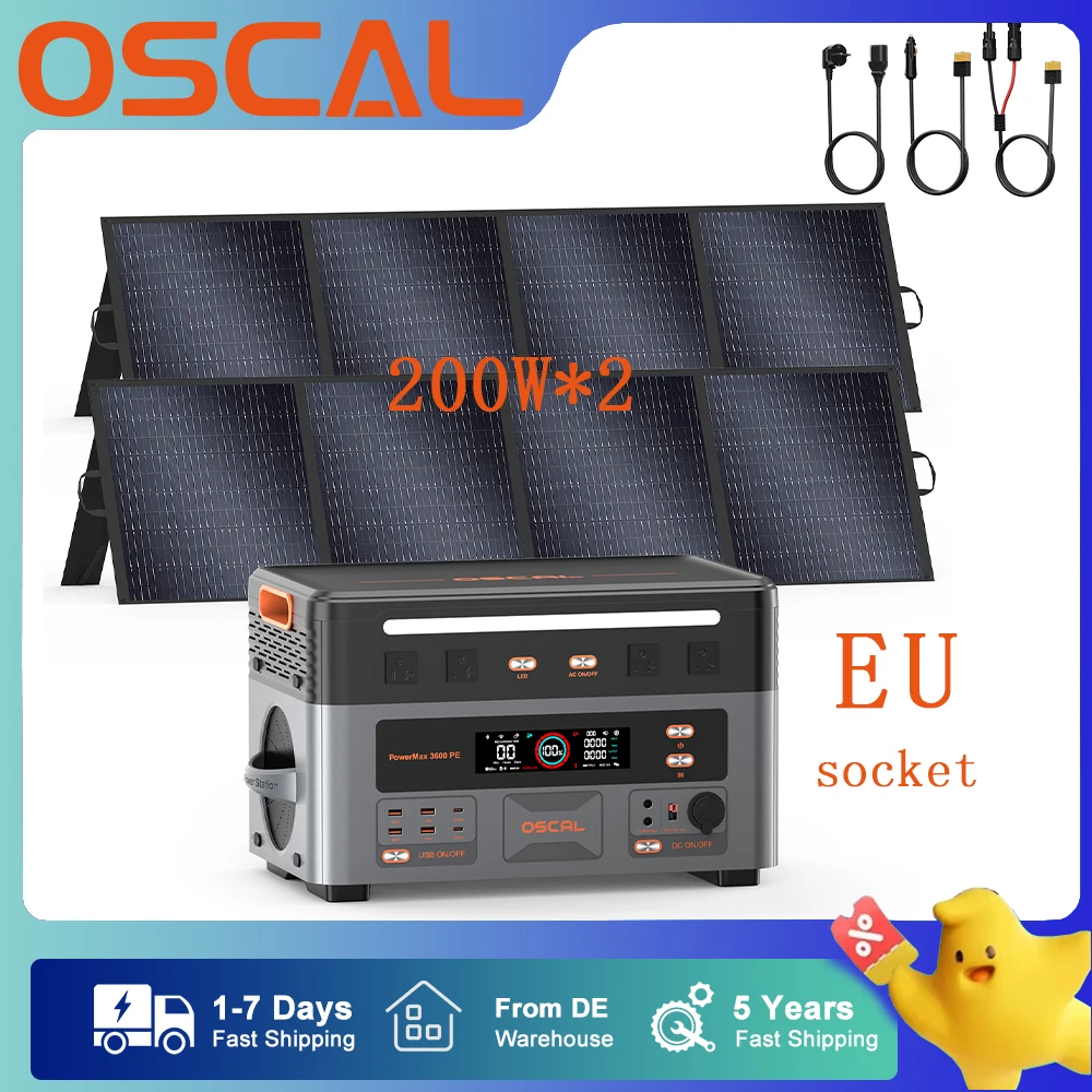 OSCAL 3600W Portable Power Station PowerMax 3600PE, 2016Wh Solar Generator, 1500W AC Charging & 1600W Solar Charging, LiFePO4 Battery Power Station for Home Use, Power Outage, RV, Emergencies With 2pcs 200W Solar Panels