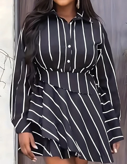 

Elegant Dresses for Women 2023 Autumn New Fashion Casual Long Sleeve Striped Shirt Printed Waist Wrapped Shirt Dress