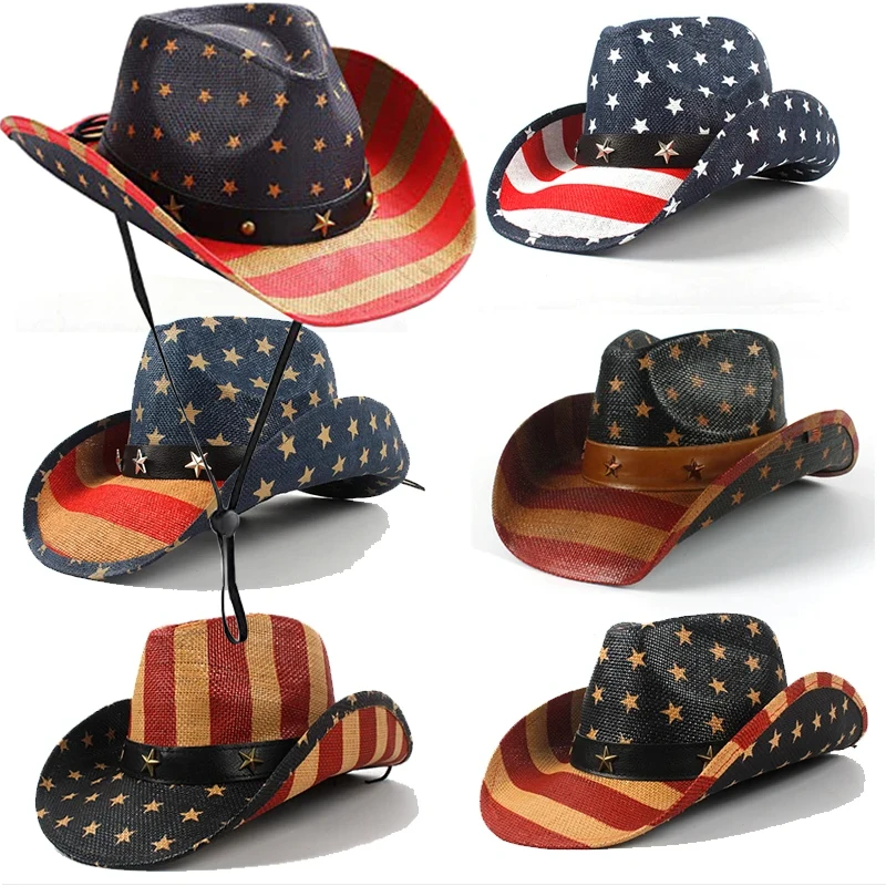 

Summer Classic American Flag Cowboy Hats for Women Men Wide Brim USA Cowgirl Tea Stained Unisex Straw Cowboy Sun Hat