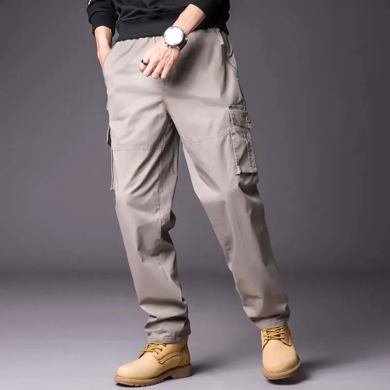 FALIZA Multiple Pockets Mens Cargo Pants Tactical Pants Straight Loose Cotton Casual Trousers Overalls Pantalones Hombre PAN33