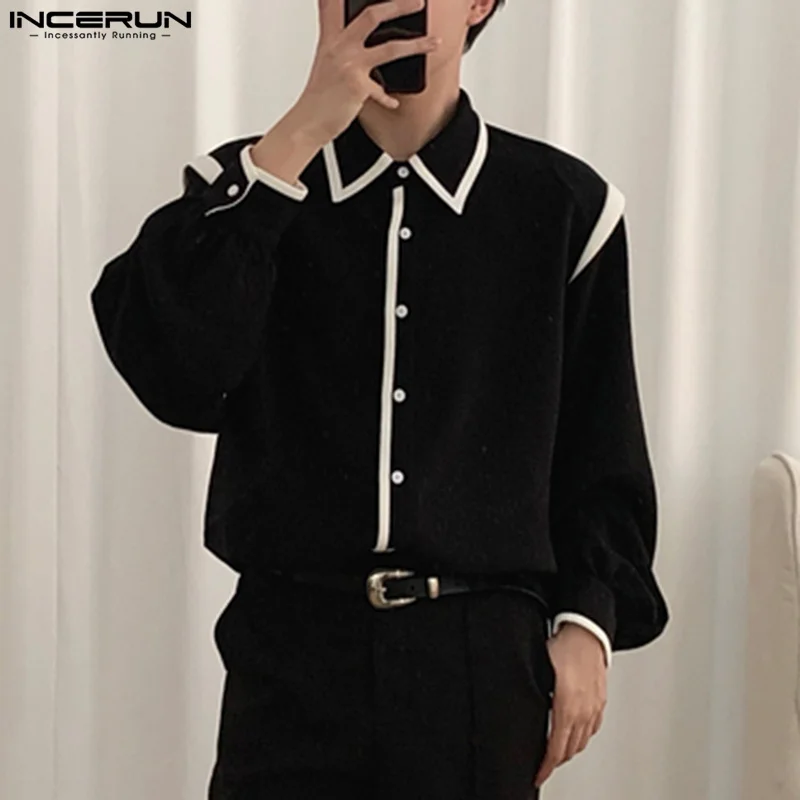 

Handsome Well Fitting Tops INCERUN Men All-match 2Color Blouse Stylish Hot Sale Splicing Long Sleeve Lapel Buttons Shirts S-5XL