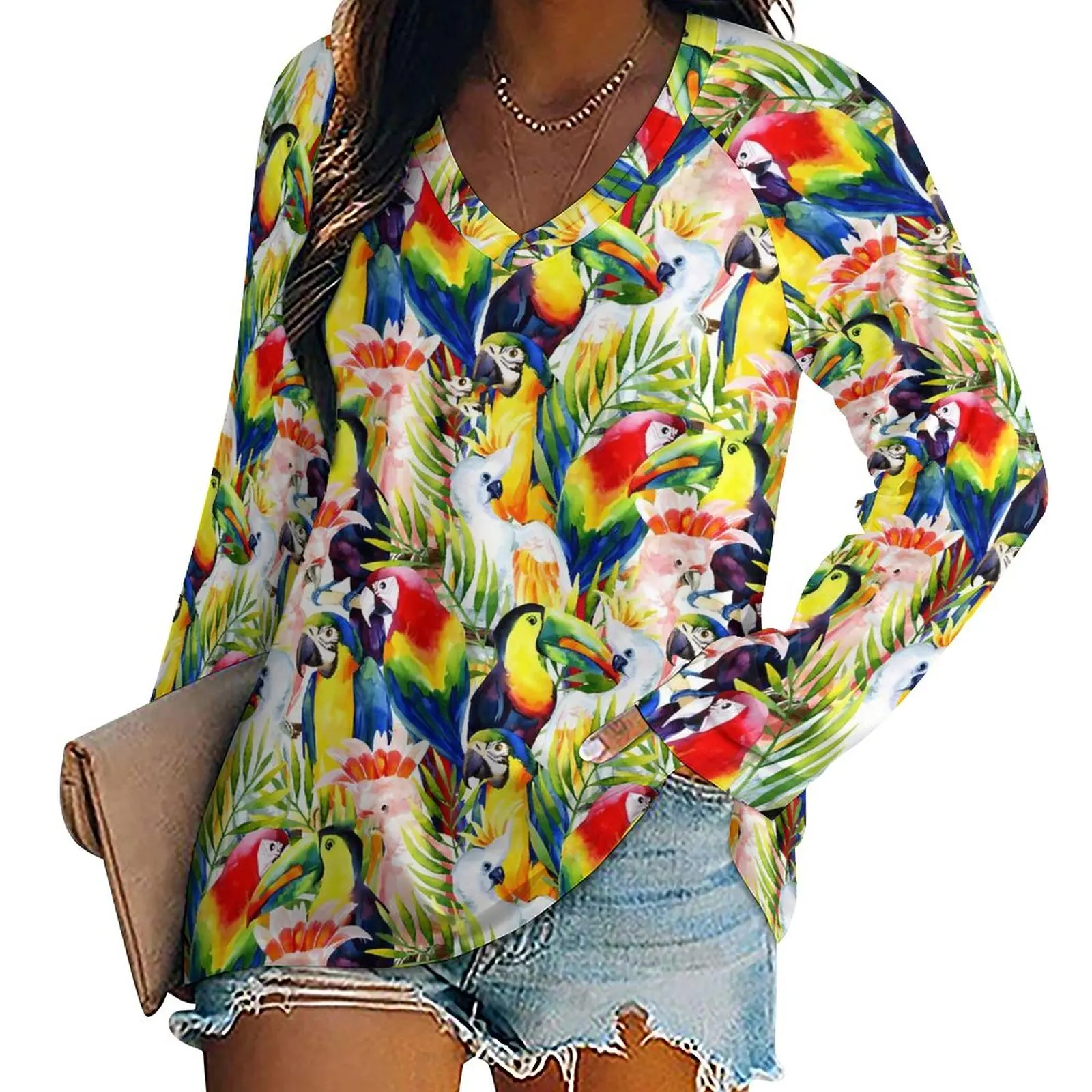 

Tropical Birds T-Shirt Parrots And Palm Leaves Y2K Long Sleeve T-Shirts Ladies V Neck Casual Tshirt Oversized Printed Clothes