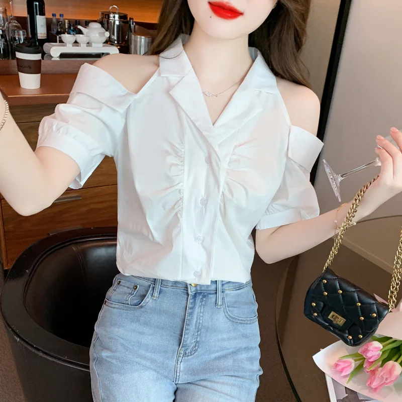 

Blusas 2023 Summer Fashion Solid White Top Korea Casual Cute Blouse Puff Sleeve Single Breasted Short Sleeve Shirt Top 27668