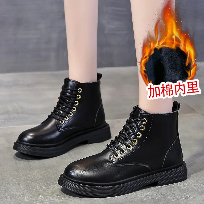 2022 Soft PU Leather Ankle Boots Women Platform Motorcycle Booties Female Autumn Winter Shoes Warm Plush Goth Thick Short Boots