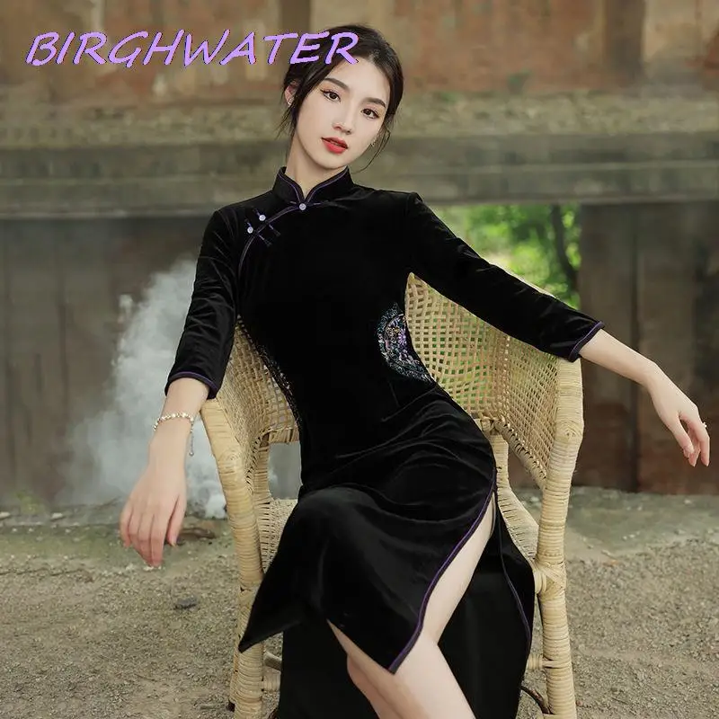 

Женское бархатное платье-Ципао в китайском стиле, Элегантное Вечернее приталенное платье с цветочной вышивкой, весна-осень