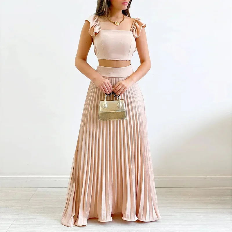 Women‘s Spring 2023 New Solid Color Short Vest High Waist Pleated Skirt Fashion Casual Suit