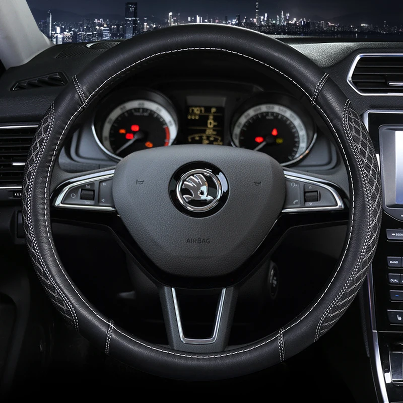 

circular type Car Steering Wheel Cover For Skoda Karoq Kodiaq scout Yeti 2017 2018 non-slip fashion genuine leather Sports style