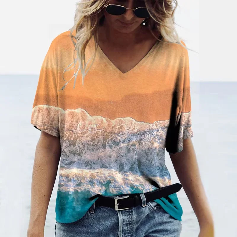 

2023 new European and American summer women's top T-shirt ocean element 3d printed V-neck women short sleeve