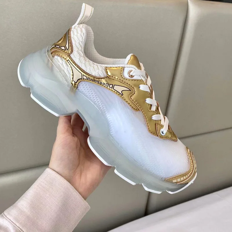 

Unisex White Mesh and Gold-Tone Technical Fabric Sneaker Summer Designer Style of The Fashion Show Couple Running Shoes
