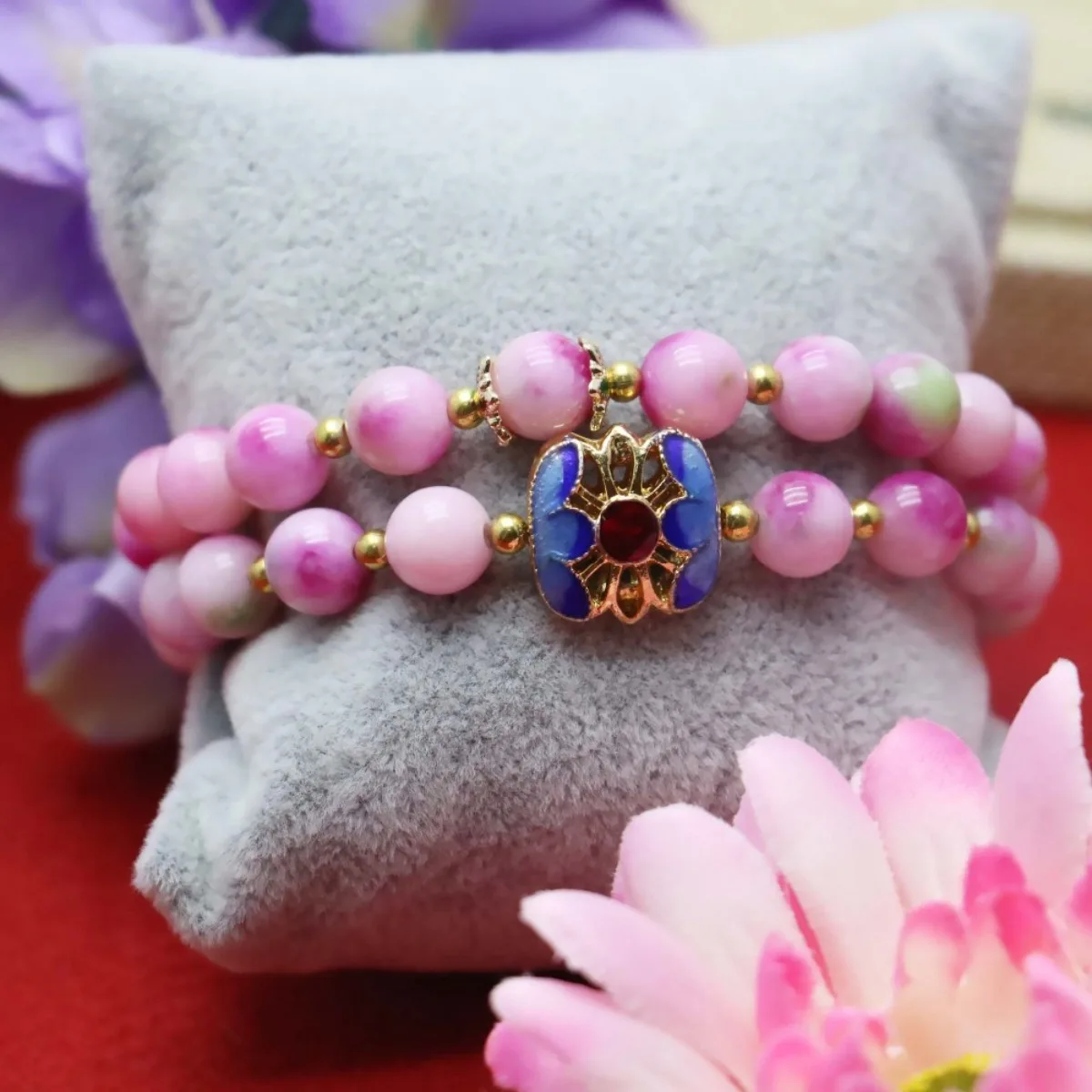 

8mm Round Prevalent Pink Chalcedony Peach Stone Bracelet Hand Chain for Women Girl Natural Pendant Leisure Cloisonne Accessories