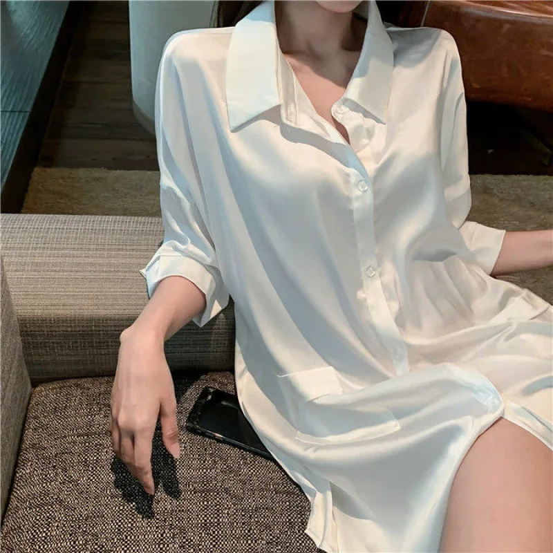 Shirt Women's Draping Effect Nightdress Spring and Summer Ice Silk Thin Style White Shirt Mid-Length Silk-like Pajamas Underwear