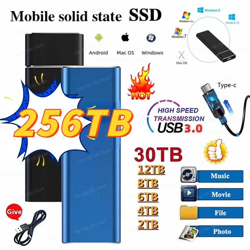 

256TB USB3.1 External Storage SSD 16TB Mobile Solid State Drive 2TB 8TB Portable Hard Disk Disco Duro HDD for PC Mac Laptop Ps4