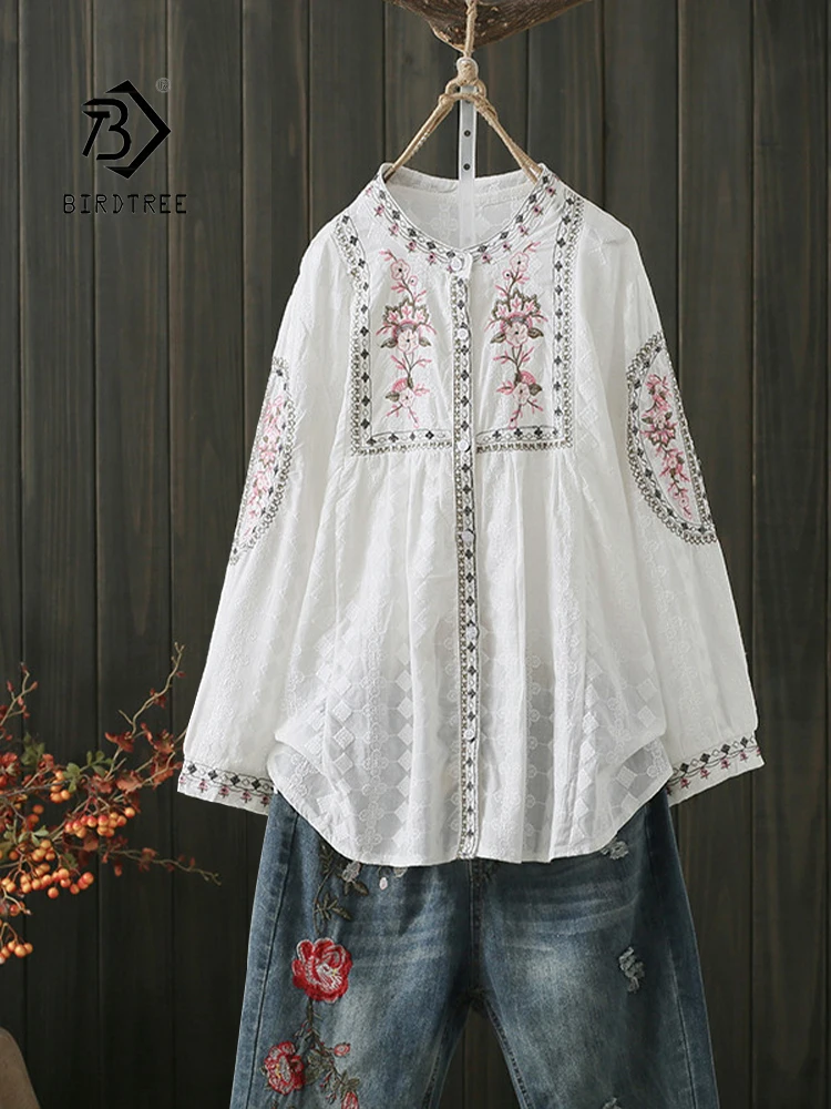 

2022 Autumn Women Floral Embroidery Cotton White Shirt Stand Collar Button Up Blouse Irregular Hem Casual Wear Basic Tops T27710