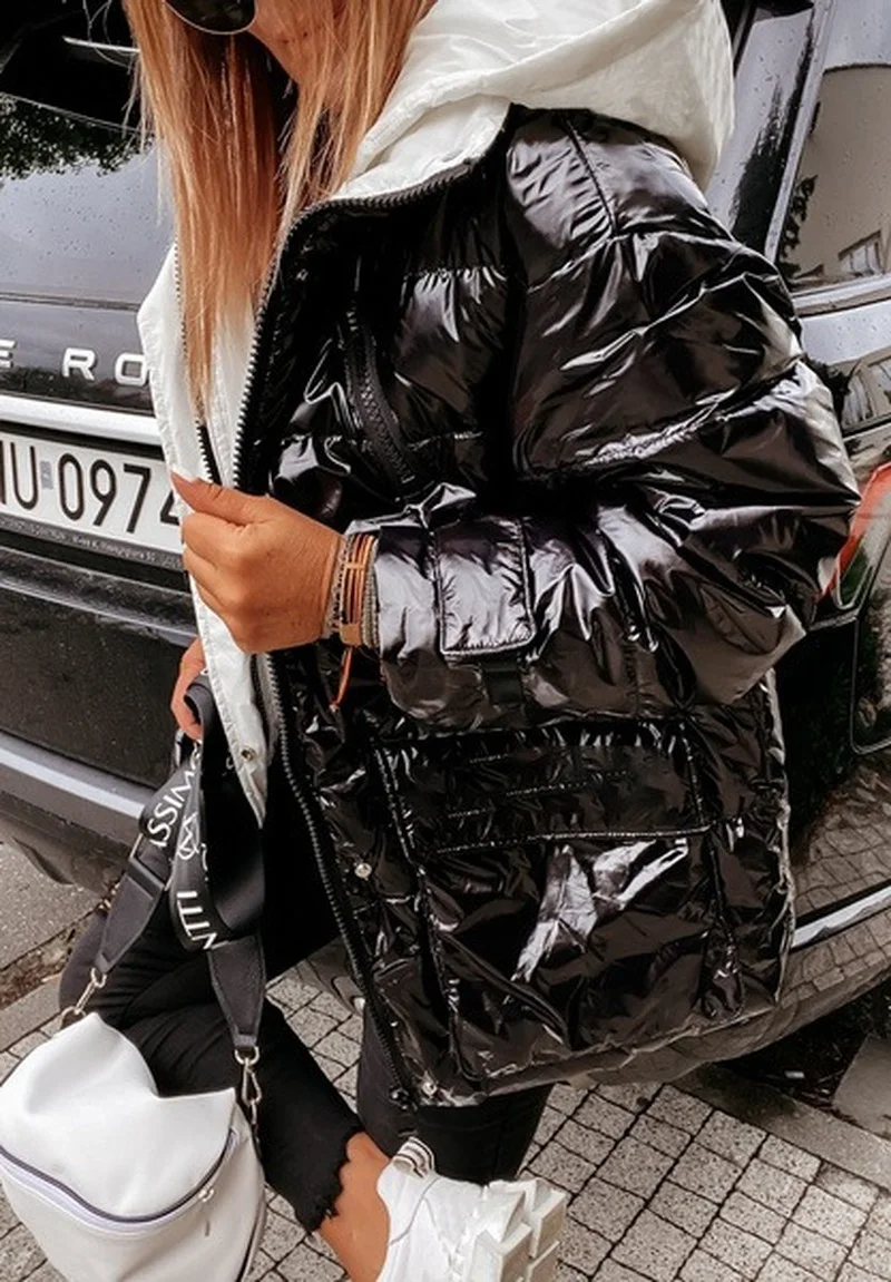 Parkas Shiny Hooded Coat Women Long Sleeve Zipper Casual Street Style Bomber Jacket Thick Warm Winter Parka Out wear Outfit 2021