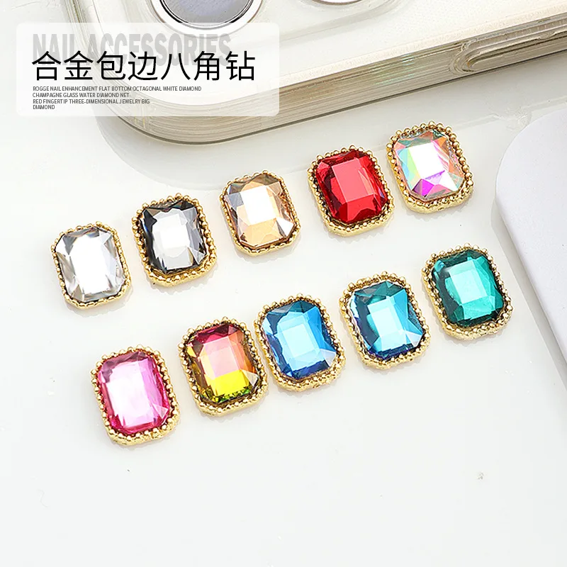 

10PCS Luxury Fantasy Colorful Octagon Crystal Diamonds Alloy Edge Nail Art Rhinestones Jewel Decorations Manicure Glitter Charms