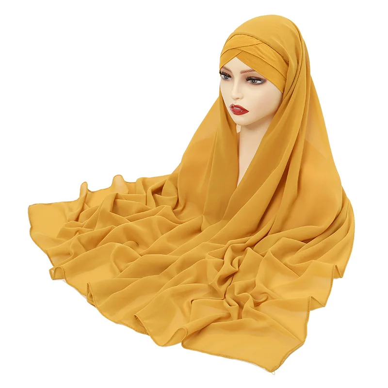 Criss Cross Muslim Jersey Instant Hijab Scarf for Women Chiffon Femme Musulman Turban Ready to Wear Hijabs Solid Underscarf Cap