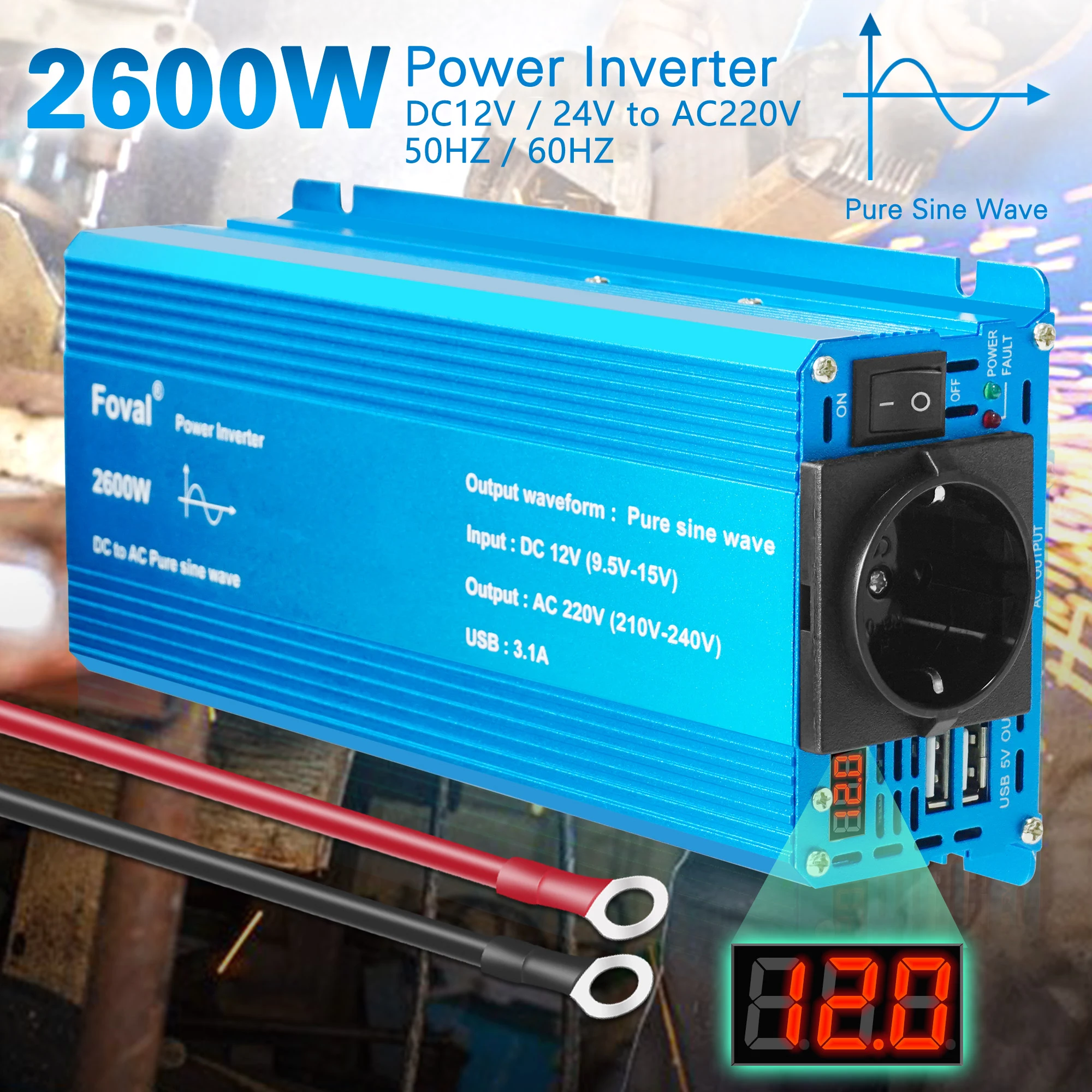 

2600W Pure Sine Wave Inverter DC 12V 24V to AC 220V 50HZ 60HZ Solar Power Inversor LED Voltmeter Converter Transformer Car Tools