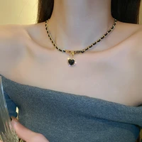 korean new arrival black leather rope chain heart charms pendant necklace for women sexy jewelry summer neck accessories