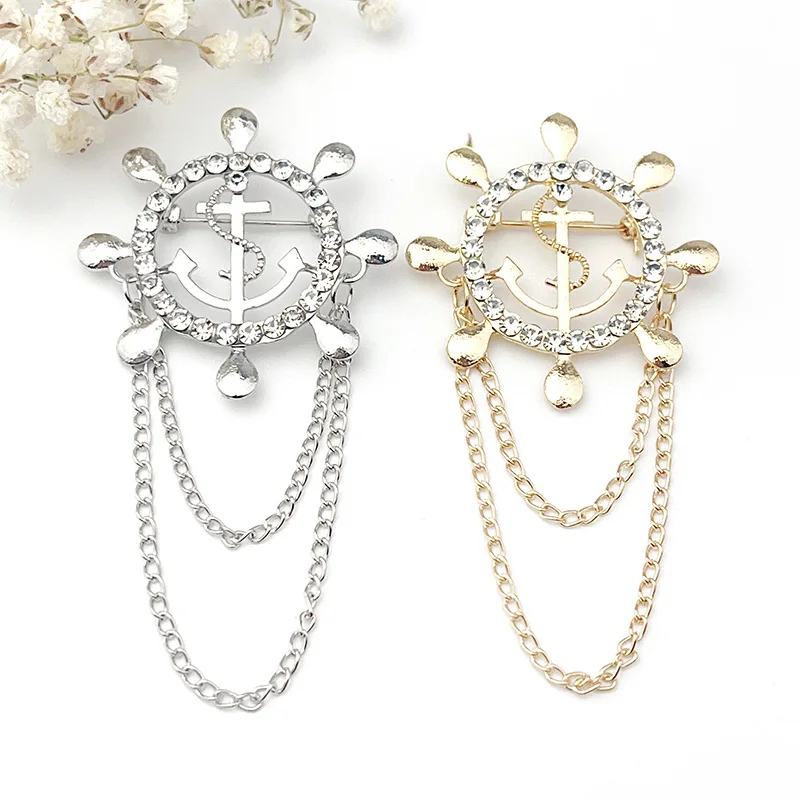 

Korean Version Fashion Tassel Chain Ship Anchor Rudder Brooches Navy Style Autumn Winter Pin Men Friend Suit Jewelry Accessories