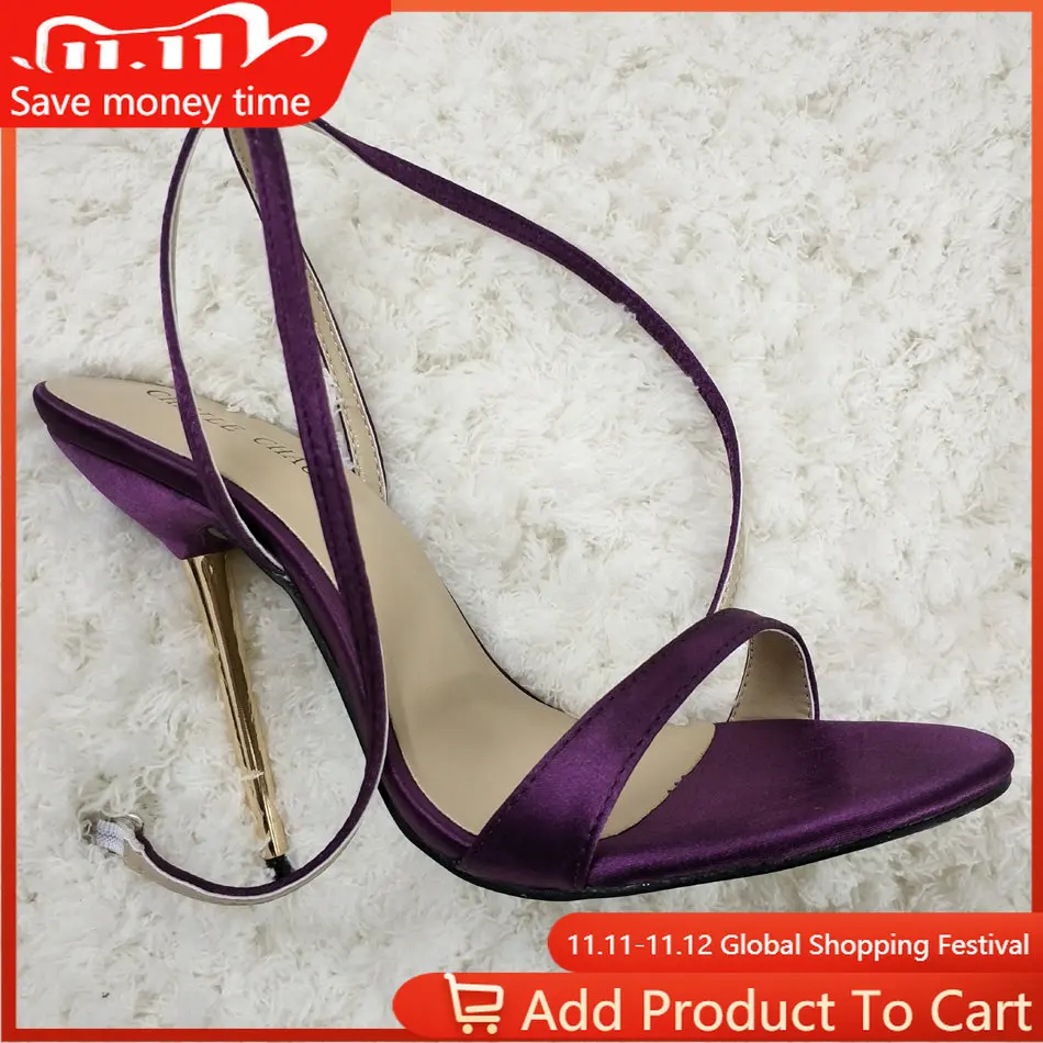 

Women Stiletto Thin Iron High Heel Sandal Sexy Ankle Strap Buckle Open Toe Purple Satin Party Bridals Ball Lady Shoe 3845-i3