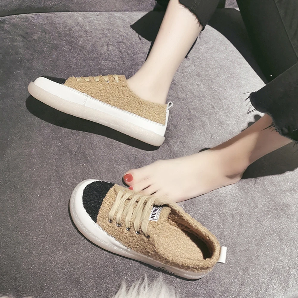 Colors Block Curly Fur Students Shoes Girls Cross Band Soft Soled Sneakers Women Winter Patchwork Lambs Fur Cotton Shoes Woman