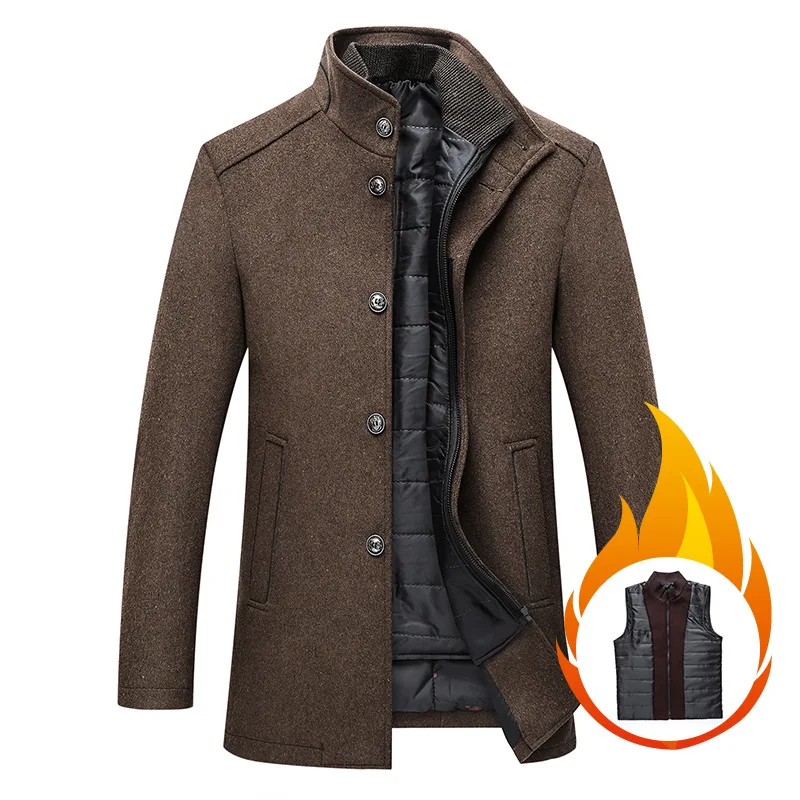 2023 New Handsome Men Solid Color Casual Men's Coat Wool Overcoat Men Warm Collar Wool Overcoat with Vest Leather Jacket  Jacket