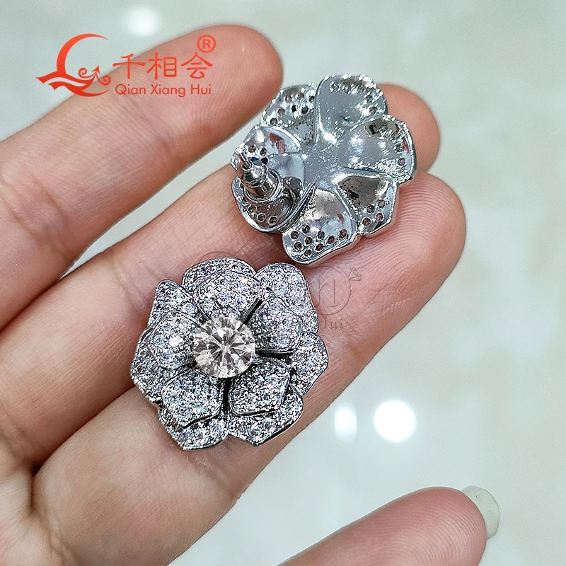 6mm main stone 21MM rose flowers S925 silver  earrings ear stud D vvs white moissanite stone Earring earrings jewelry woman gift