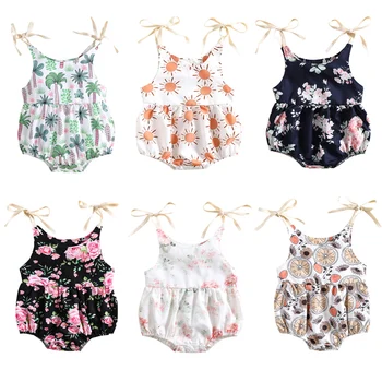 Summer Newborn Baby Girls Rompers Toddler Coconut Tree/Sun/ Flower Print Tie-up Sleeveless Rompers Jumpsuits Casual Clothes 1