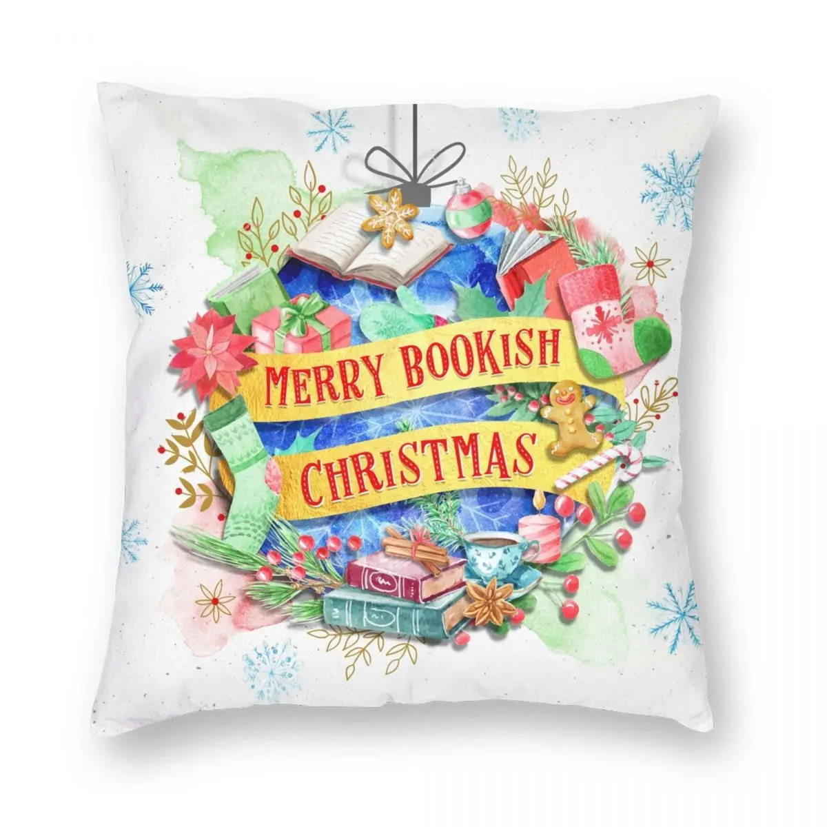 Merry Bookish Christmas Pillowcase Printing Polyester Cushion Cover Gift Watercolor Floral Pillow Case Cover Home Zipper 45X45cm