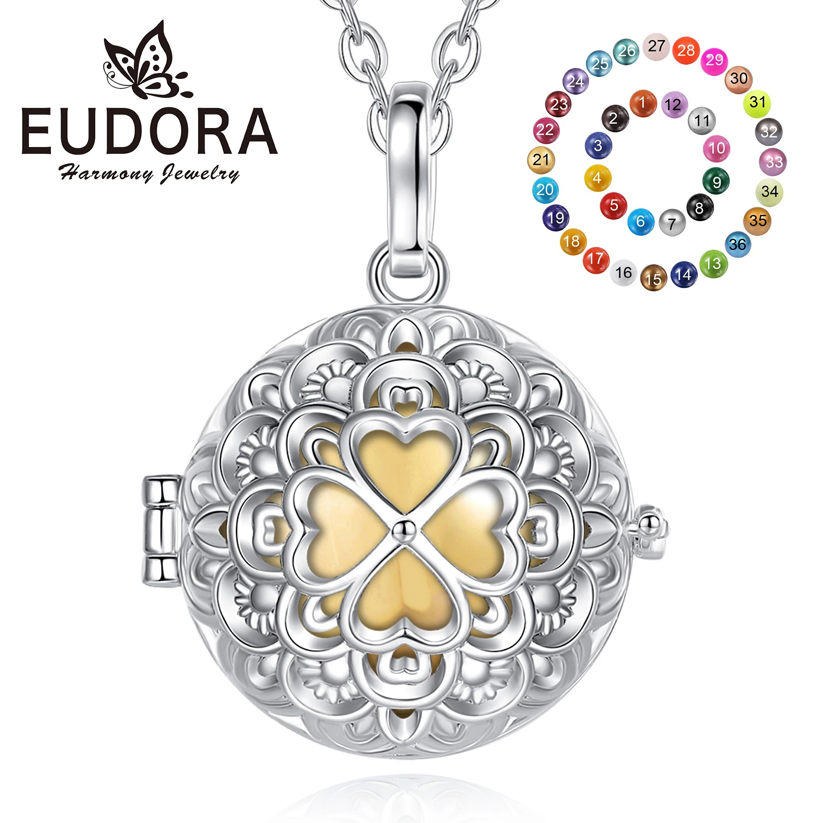 Купи Eudora 20mm Harmony Ball Flower Clover Necklace Pregnancy Bola Angel Caller Baby Wishing Chime Ball Pendant Women Jewelry Gift за 545 рублей в магазине AliExpress