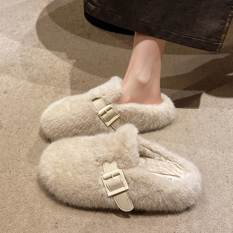 Обувь Женские тапочки Роскошные шлепанцы Меховые с закрытым носком 2024