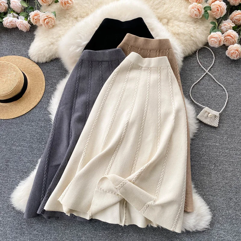 

Faldas Largas Mujer Autumn Winter Wild Bottom High Waist Twist White Knitted Skirt Women Elegant Solid Black Sweaters Korean
