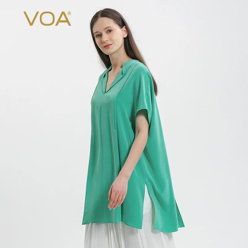 

VOA 30 Momme Heavyweight Mulberry Silk Green Woman Tshirts V-Neck Doll Short Sleeve Hem Slit Loose Fit Silk T-Shirt BE1105