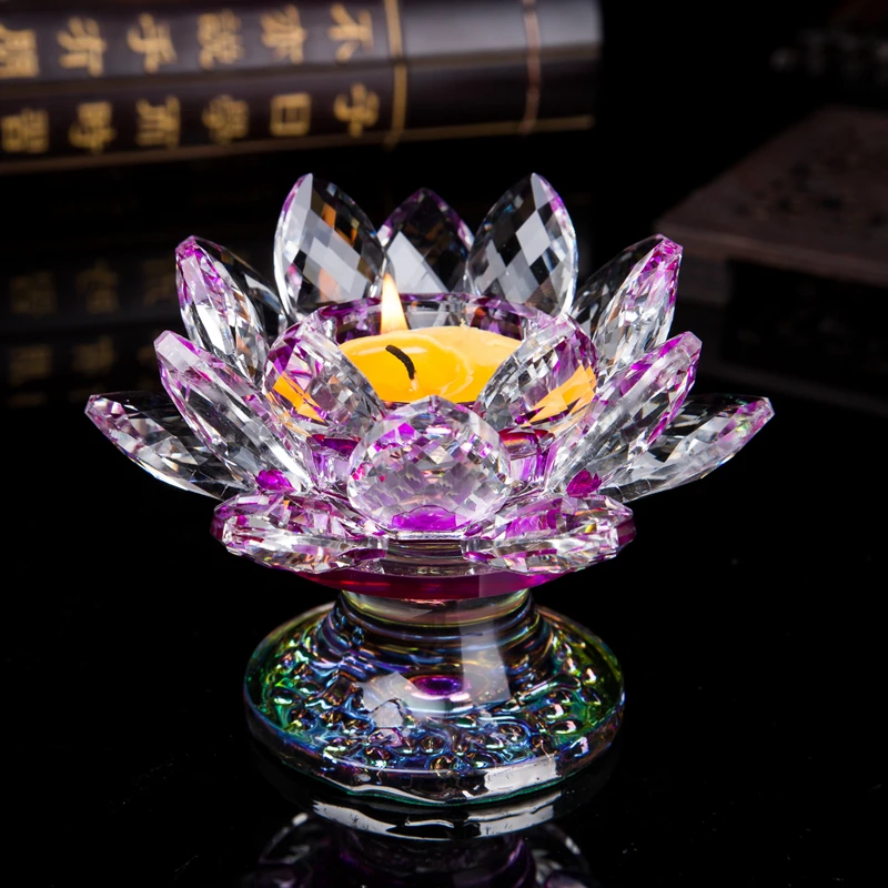

Crystal Glass Lotus Candlestick Buddha Hall Butter Lamp Holder Decoration Living Room Feng Shui Ornaments Home Accessories