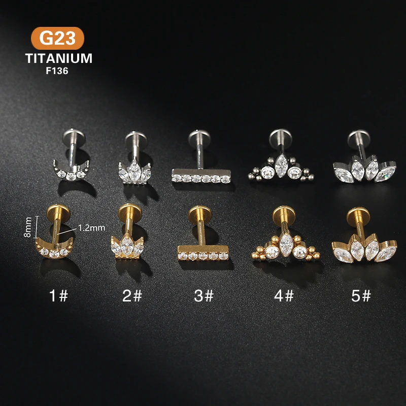 

1PC G23 Titanium 16G CZ Gem Moon Labret Lip Bar Ring Crystal Flower Ear Cartilage Tragus Helix Piercing Screw Fit Top