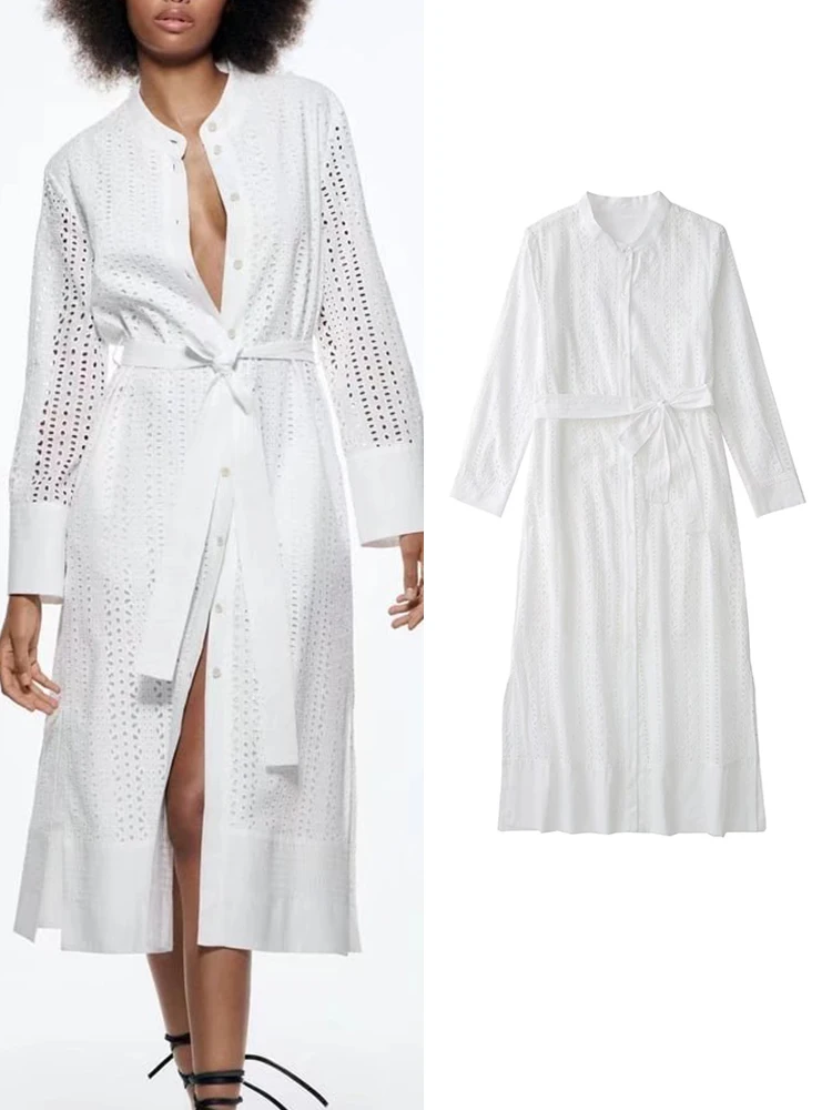 

TFMLN 2022 летние женские платья с вышивкой с поясом, винтажное элегантное платье до середины икры, повседневная женская верхняя одежда трапеци...